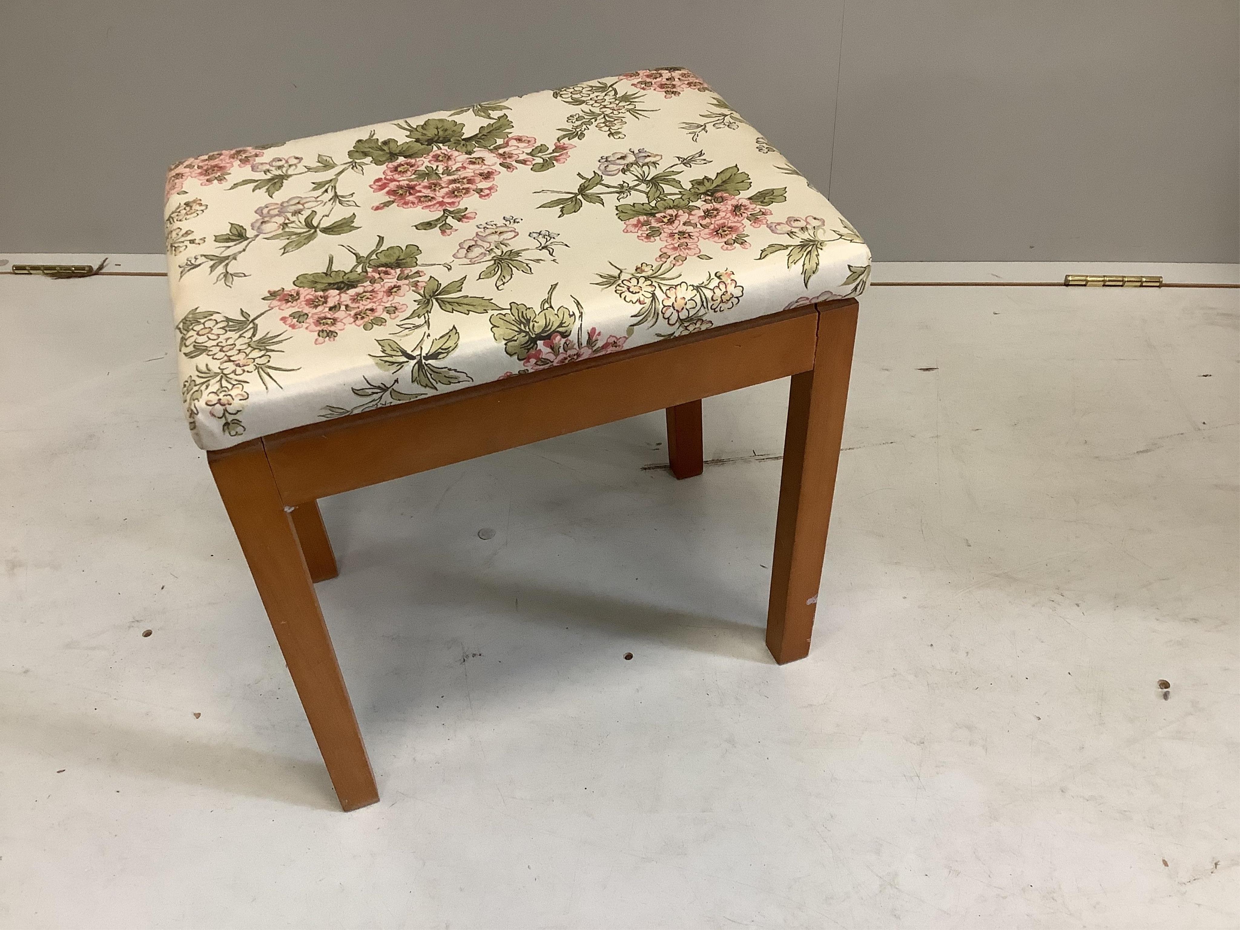 A mid century Stag C-Range oak and beech hinge top dressing table, width 88cm, depth 46cm, height 78cm, and a stool, and a mid century rectangular oak folding tea table, width 90cm, depth 52cm, height 77cm. Condition - f